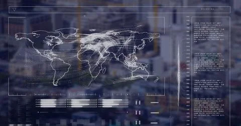 Image of loading bars, map and wave pattern over modern city in background Illustrazione stock