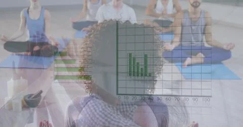 Image of loading circle and graphs over diverse people practicing yoga in studio Stock Photos