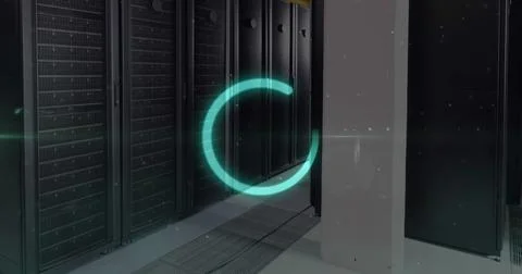 Image of loading circle and spots over server room Ilustração Stock