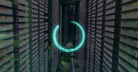 Image of loading circle over dots against server racks and equipment in bac.. Stock Photos