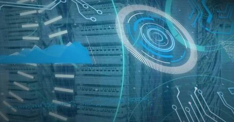 Image of loading circles, 5g text, graph and circuit board pattern over dat.. Stock Photos