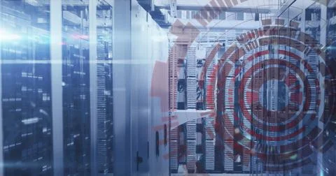 Image of loading circles and bars on data server racks in server room Stock Photos