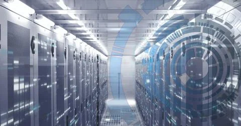 Image of loading circles and bars on data server racks in server room Stock Photos
