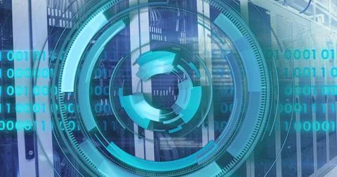 Image of loading circles and binary codes over data server racks in server room Stock Photos