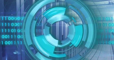 Image of loading circles and binary codes over data server room Stock Photos