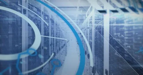 Image of loading circles and circuit board pattern over data server room Stock Photos