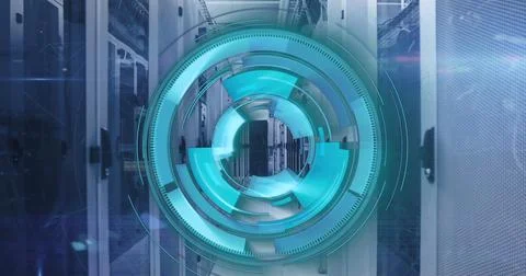 Image of loading circles and computer language over server room Stockfoto's