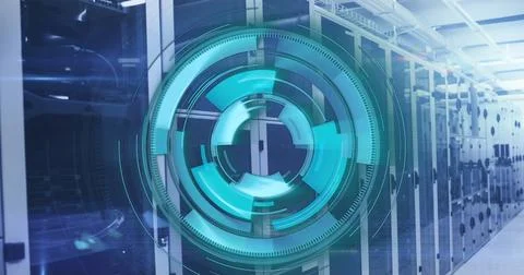 Image of loading circles and computer language over lens flares against ser.. 스톡 사진