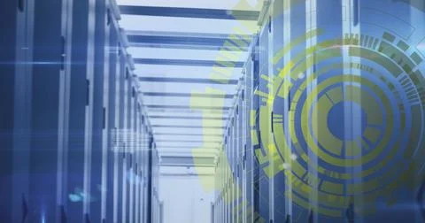 Image of loading circles and computer language over server racks in server ro 스톡 사진