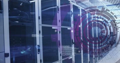 Image of loading circles and computer language over data server room Stockfoto's