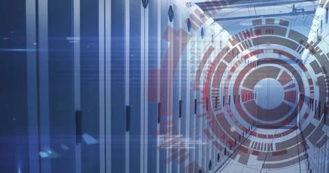 Image of loading circles and computer language over data server room Stockfoto's