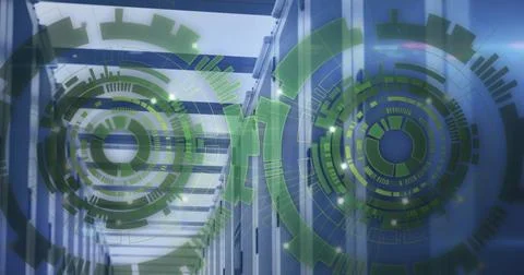 Image of loading circles and computer language over data server room Stockfoto's