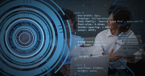 Image of loading circles and computer language, diverse coworkers discussing Stock Photos