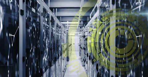 Image of loading circles and connected dots on server racks of server room Stockfoto's