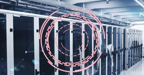 Image of loading circles and connected dots forming geometric shapes over server Stock Photos
