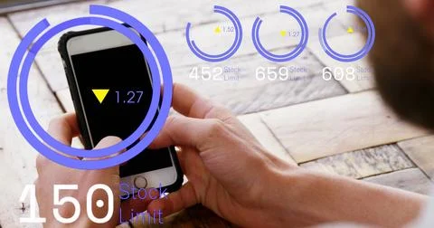 Image of loading circles with up and down arrows over caucasian man using c.. Foto stock