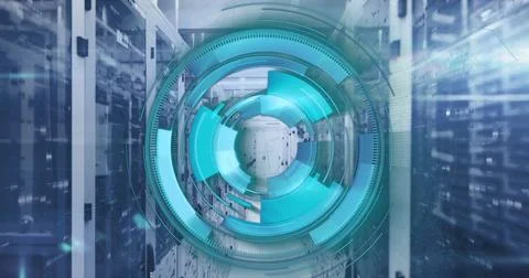 Image of loading circles and illuminated patterns moving on data racks in s.. Stockfoto's