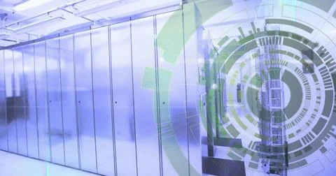 Image of loading circles and lens flares on data server racks in server room Stock Photos
