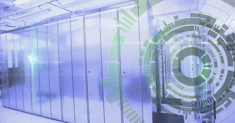 Image of loading circles and lens flares on data server racks in server room Stock Photos