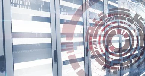 Image of loading circles and moving bars on data server racks in server room Stock Photos