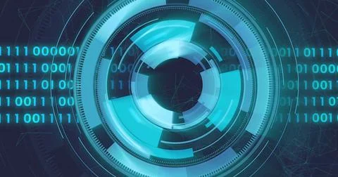 Image of loading circles, binary codes and connected dots over black backgrou Stock Photos