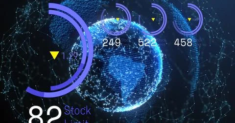 Image of loading circles, changing numbers with connected dots around globe on Stock Illustration