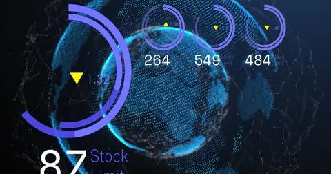 Image of loading circles with changing numbers over connected dots around globe Ilustración de archivo