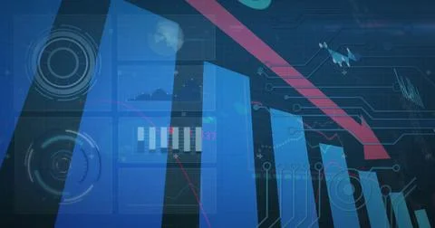 Image of loading circles, changing numbers, arrow on falling graphs over ab.. Stock Photos