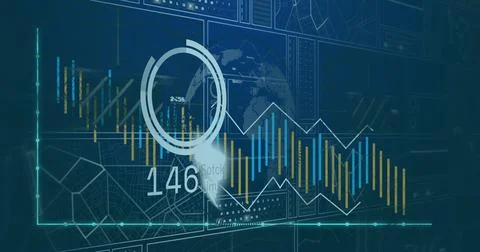 Image of loading circles, changing numbers, graphs, navigation pattern on globe Stock Photos