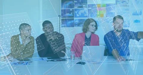 Image of loading circles, changing numbers, diverse coworkers discussing reports Stock Photos