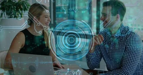 Image of loading circles, circuit board pattern over caucasian coworkers talking Stock Illustration