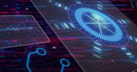 Image of loading circles, circuit board pattern, soundwave over abstract pattern 写真素材