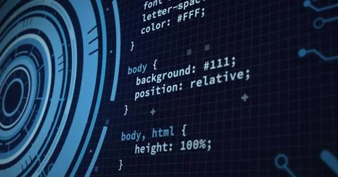 Image of loading circles, computer language and circuit board pattern over .. Stockfoto's