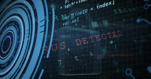 Image of loading circles, computer language over padlock, letters, symbols, Foto stock