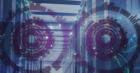 Image of loading circles, connected dots forming triangles over data server room Stock Photos