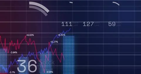 Image of loading circles, graphs and changing numbers over black background Foto stock