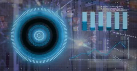 Image of loading circles, graphs and computer language over server room Stock Photos