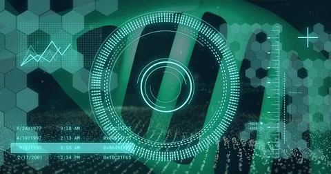 Image of loading circles, graphs, changing numbers over dna helix and hexagon 스톡 사진