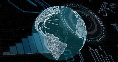 Image of loading circles, graphs, globe and circuit board pattern over black Stock Photos