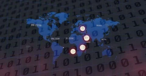 Image of loading circles icons and binary coding, numbers changing over world Illustrazione stock