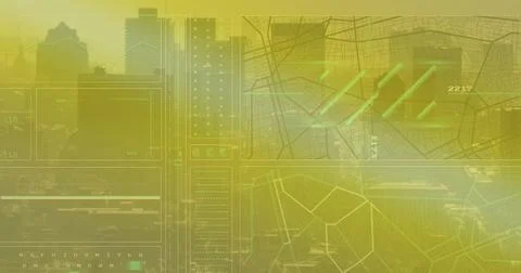 Image of loading circles, lines and navigation pattern over modern city against Stock Photos