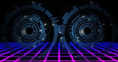 Image of loading circles moving over grid pattern against black background Illustrazione stock