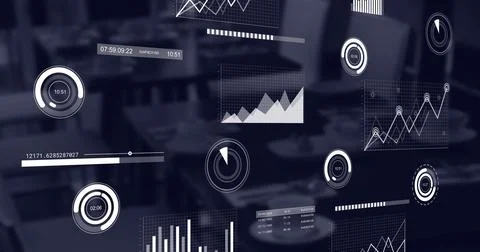 Image of loading circles, multiple graphs and timer over place setting on dining Stock Illustration