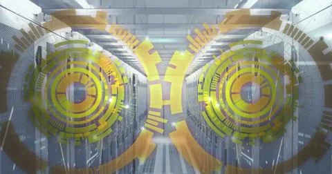 Image of loading circles over bars on data server racks in server room Stock Illustration