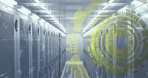 Image of loading circles over bars on data server systems in server room Stock Illustration