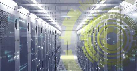 Image of loading circles over bars on data server systems in server room Stock Photos