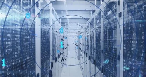 Image of loading circles over binary codes moving between server racks at d.. Stock Photos