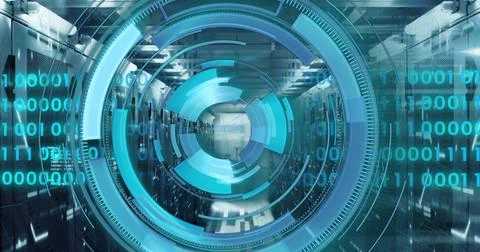 Image of loading circles over binary codes against bars on server room Stock Photos