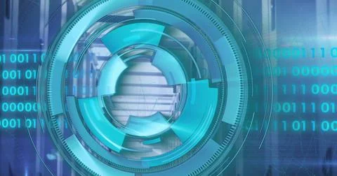 Image of loading circles over binary codes and lens flares against server roo Stock Photos