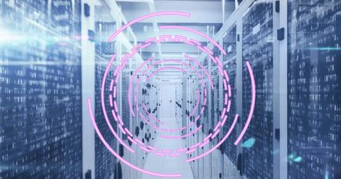 Image of loading circles over binary codes on data server racks in server room Stock Photos